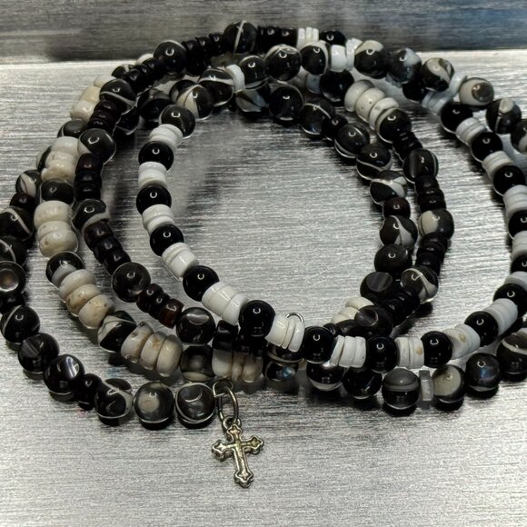 Whimsigoth 34" Wrap Beaded Necklace or Bracelet Stretch Memory Wire Cross Charm - Picture 1 of 5